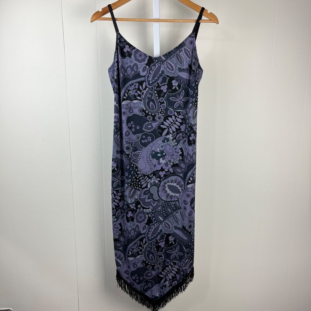 Wanted Clothing Co Y2K Slip‎ Dress L Black Purple Paisley Fringe Witchy Fairy